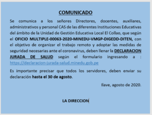 COMUNICADO PARA TODOS LOS TRABAJADORES DE LAS II EE DE LA UGEL EL COLLAO
