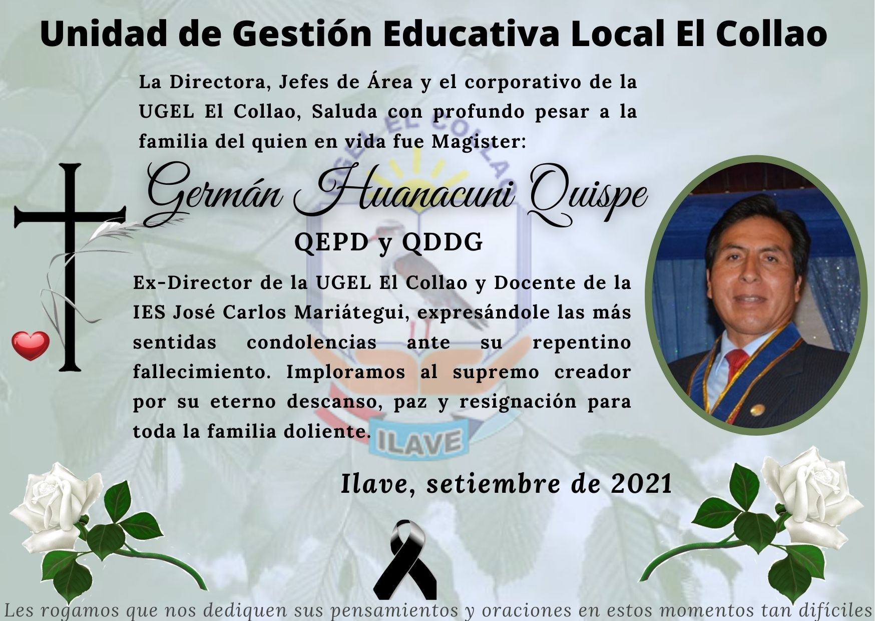 COMUNICADO URGENTE UGEL EL COLLAO POR DUELO INSITUCIONAL