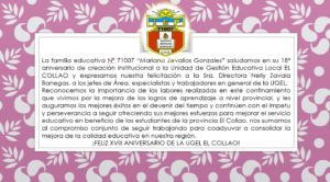 La IEP 71007 “Mariano Zevallos Gonzales” saludamos en su 18° aniversario a la UGEL EL COLLAO