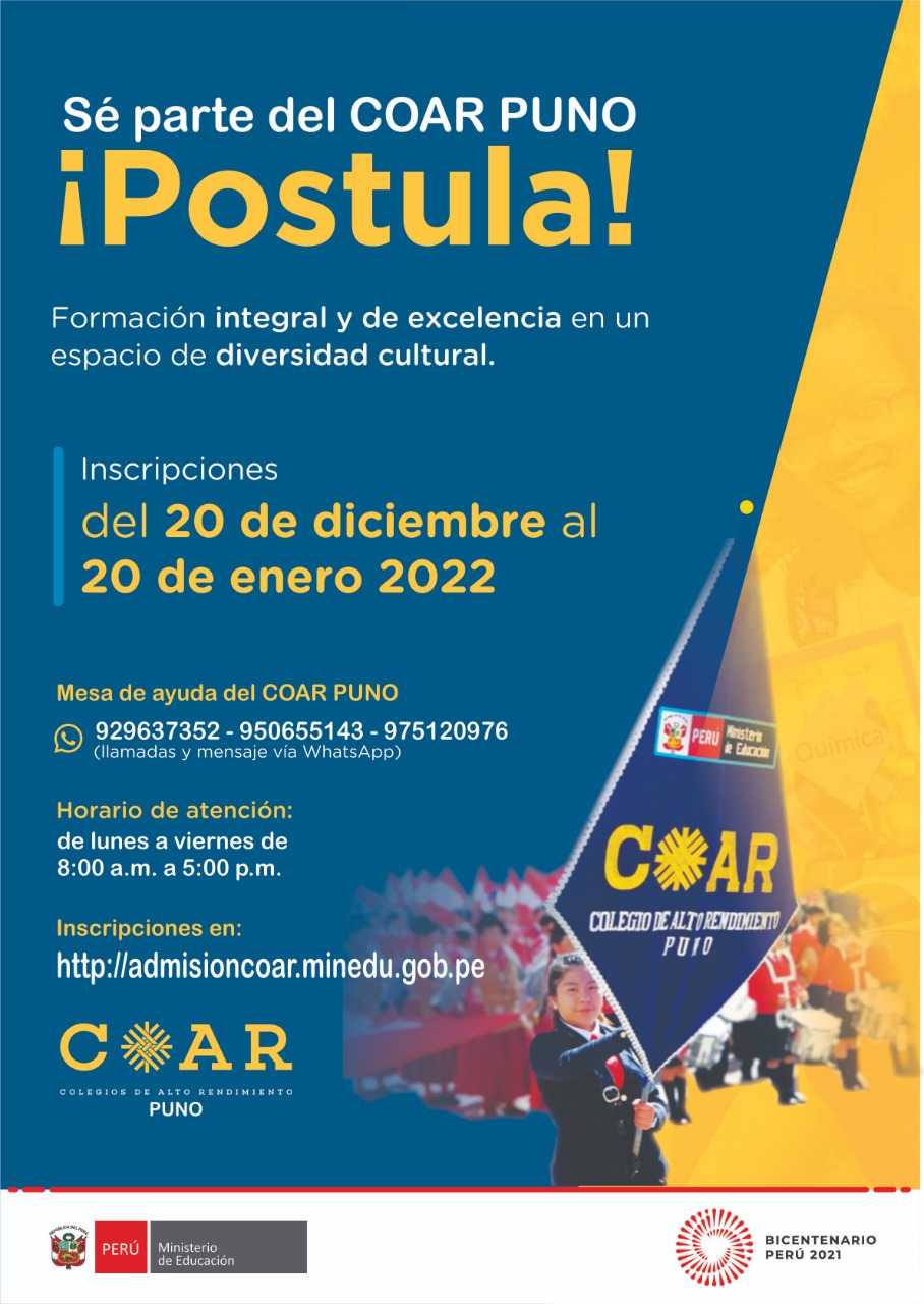 PROCESO ÚNICO DE ADMISIÓN COLEGIO DE ALTO RENDIMIENTO (COAR) 2022