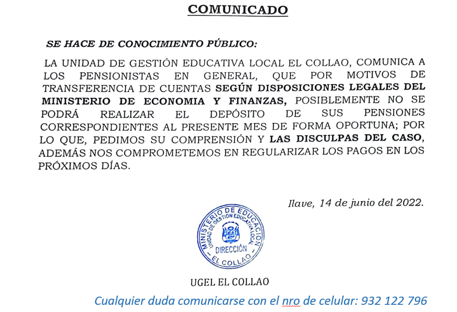 COMUINICADO IMPORTANTE A LAS Y LOS PENSIONISTAS DE LA UGEL EL COLLAO