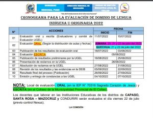 CRONOGRAMA PARA LA EVALUACIÓN DE DOMINIO DE LENGUA INDÍGENA U ORIGINARIA 2022-UGEL EL COLLAO