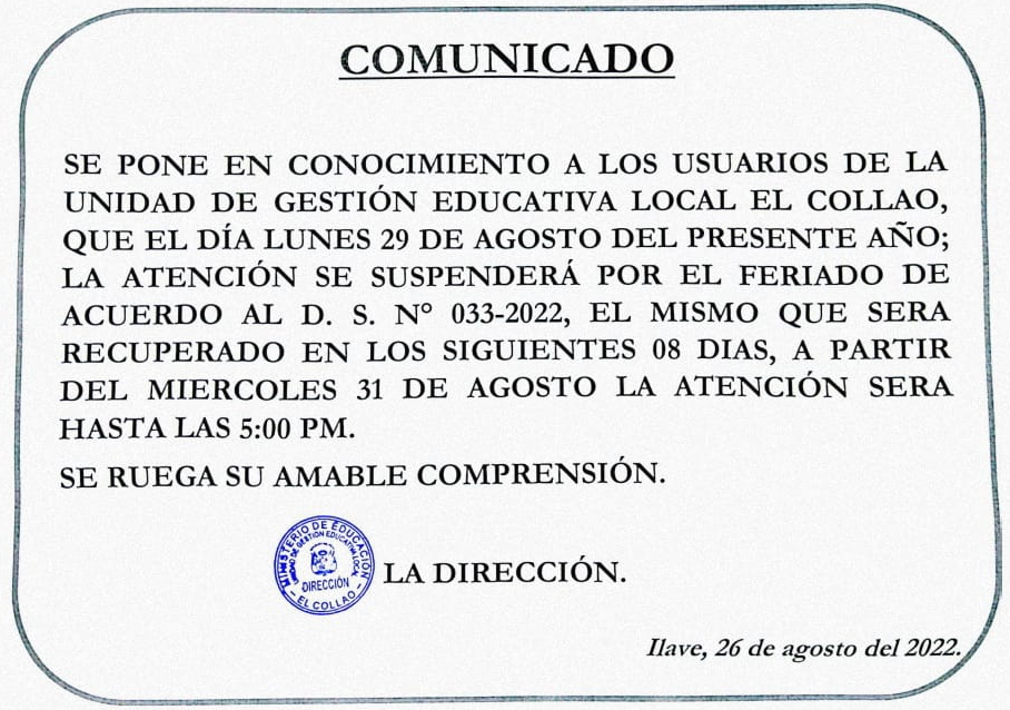 COMUNICADO UGEL EL COLLAO-26-08-2022