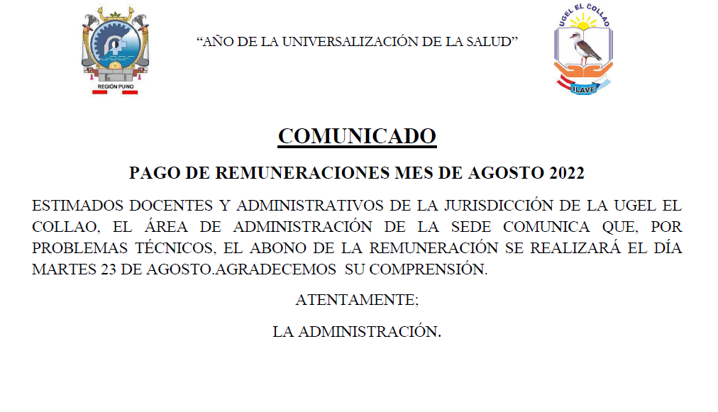 COMUNICADO SOBRE PAGO DE REMUNERACIONES MES DE AGOSTO 2022