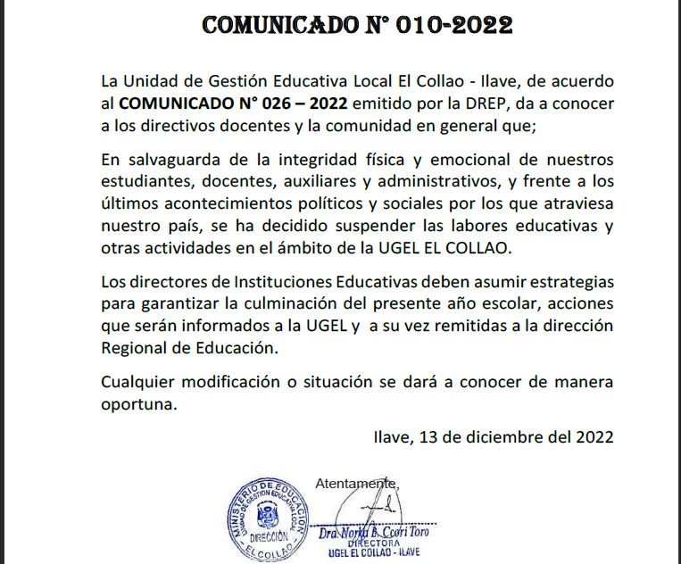 COMUNICADO 010-2022 UGEL EL COLLAO