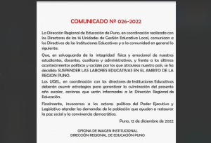 COMUNICADO DE LA DIRECCIÓN REGIONAL DE EDUCACIÓN PUNO