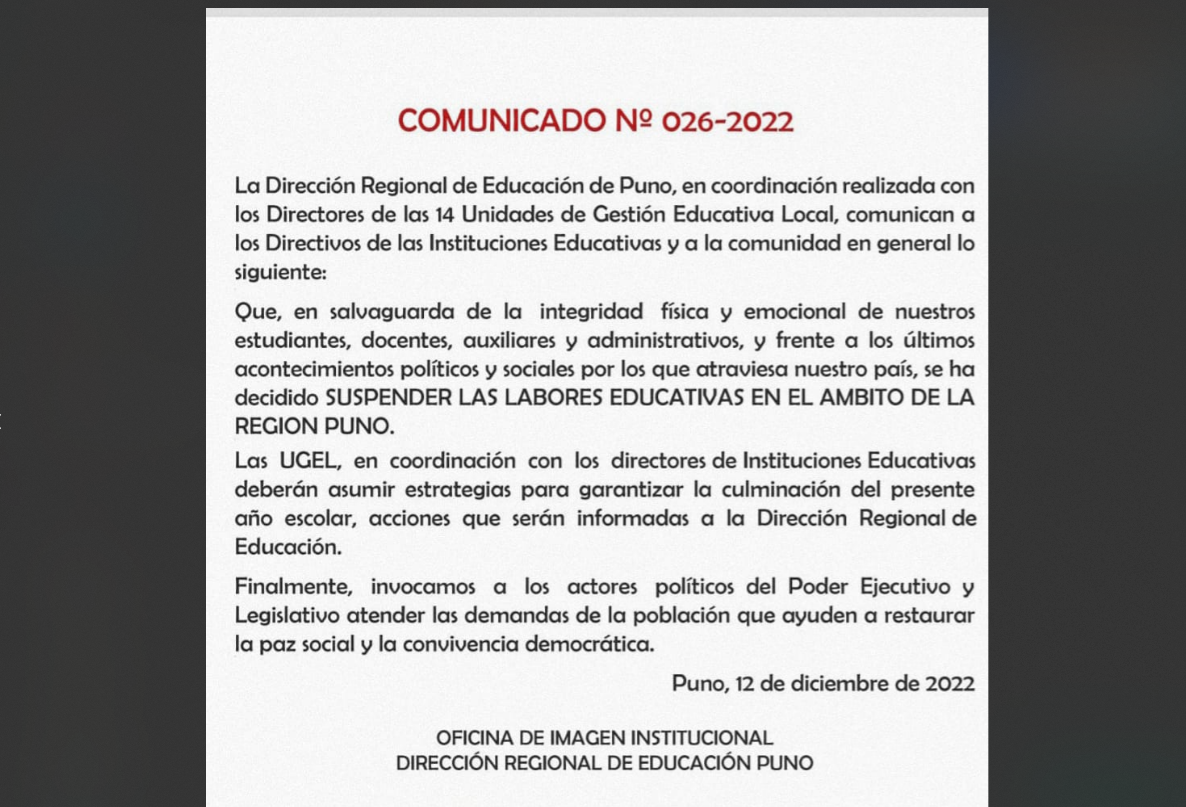 COMUNICADO DE LA DIRECCIÓN REGIONAL DE EDUCACIÓN PUNO