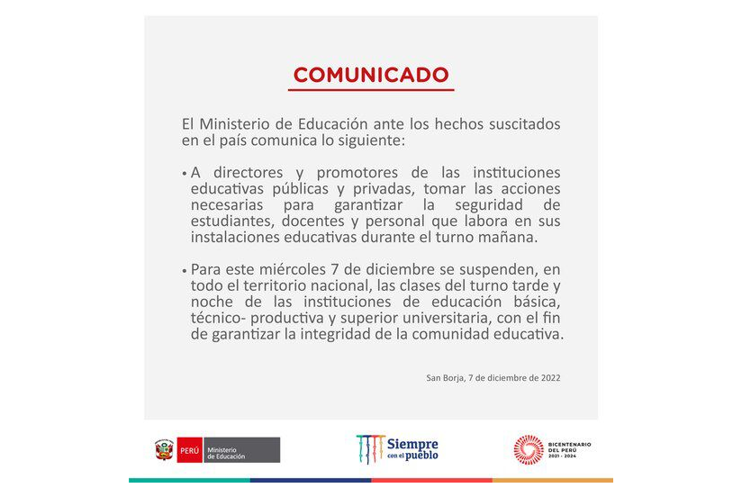 COMUNICADO DEL MINISTERIO DE EDUCACIÓN
