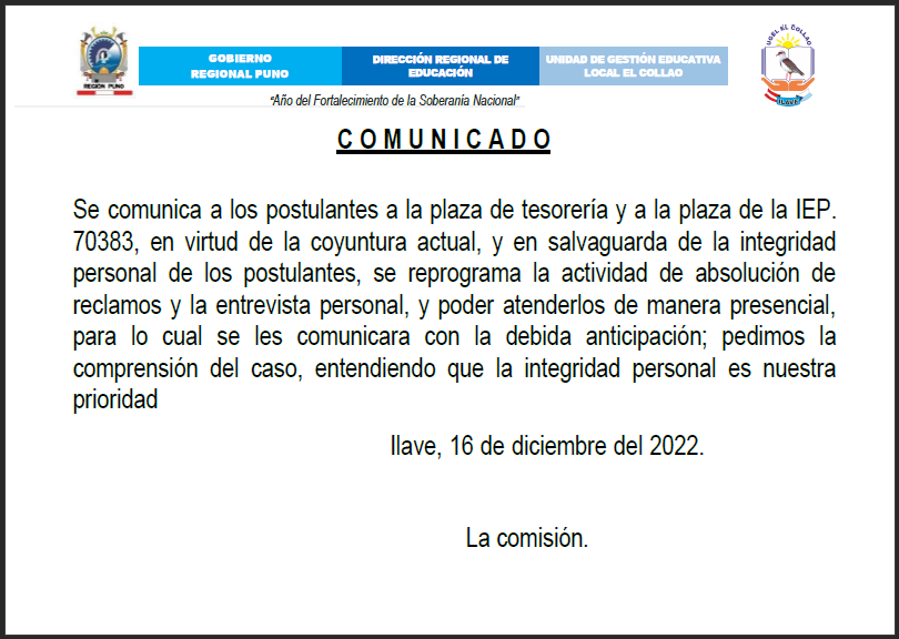 Comunicado a los postulantes a la plaza de tesorería y a la plaza de la IEP. 70383