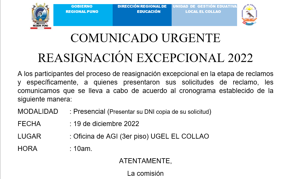 COMUNICADO IMPORTANTE PROCESO EXCEPCIONAL DE REASIGNACIÓN DOCENTE-2022