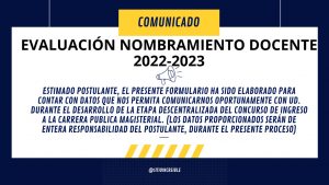 COMUNICADO URGENTE EVALUACIÓN NOMBRAMIENTO DOCENTE 2022-2023