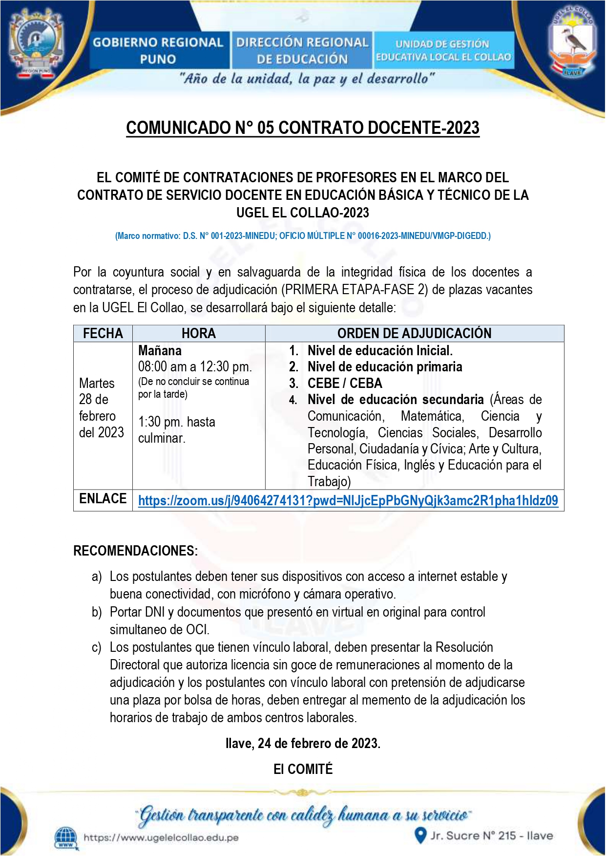 ADJUDICACIÓN: COMUNICADO N° 05 CONTRATO DOCENTE-2023