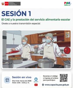 ¡Atención integrantes de los Comités de Alimentación Escolar!                                            🌟 Desde el PAE, los invitamos a participar en la sesión en vivo «Servicio alimentario escolar”                 📅 Fecha: Viernes, 6 de marzo de 2026⏰ Hora: 4:00 – 5:00 p. m.                                                      🔗 Enlace de ingreso https://capacita.pae.gob.pe/transmision-en-vivo [4:05 p. m., 6/3/2026]                                            Ugel El Collao